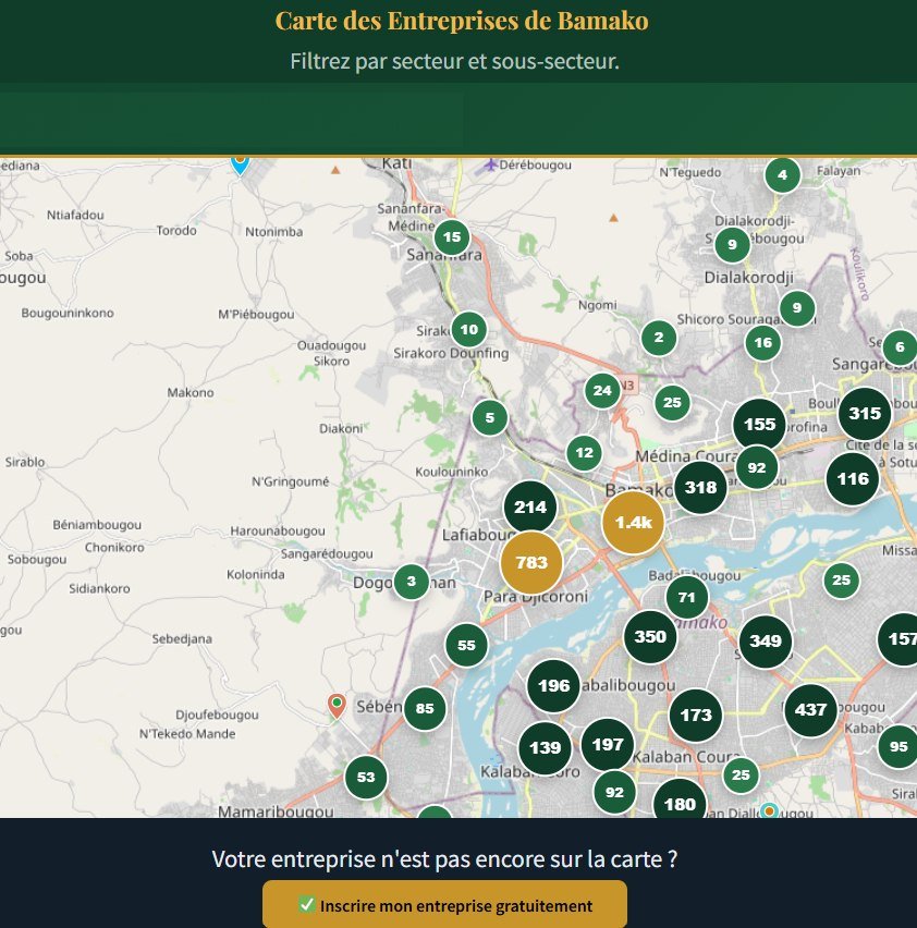 Map of businesses in Bamako — over 7,000 companies geolocated (XplorGeo application)
