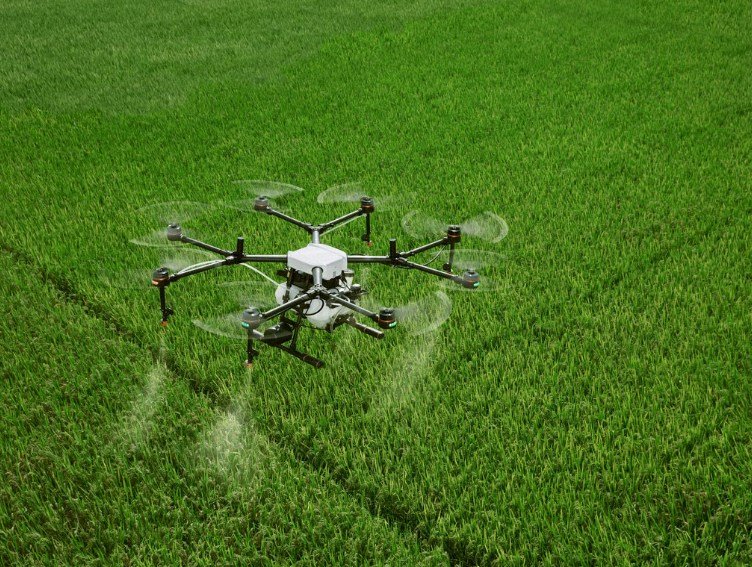 Agricultural drone flying over a crop field