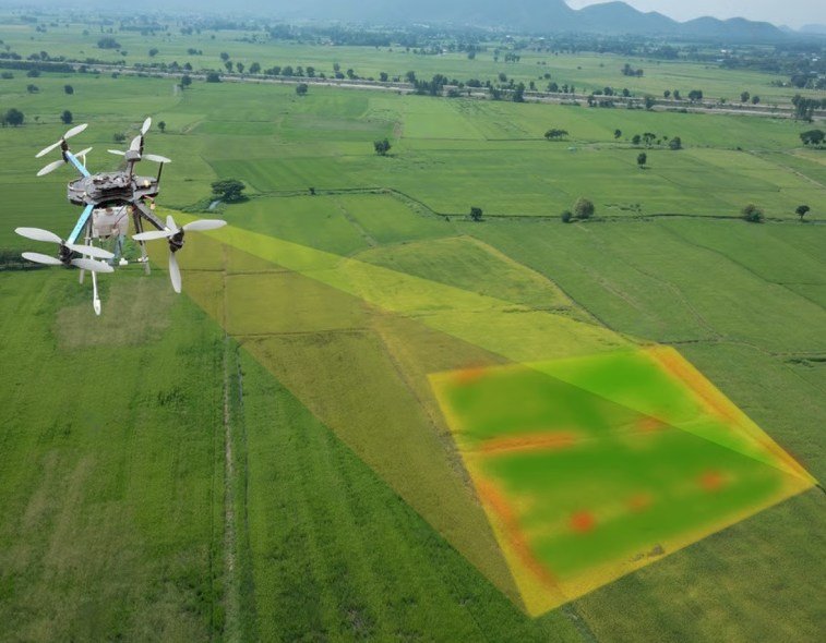 Aerial view of farmland with multispectral imagery